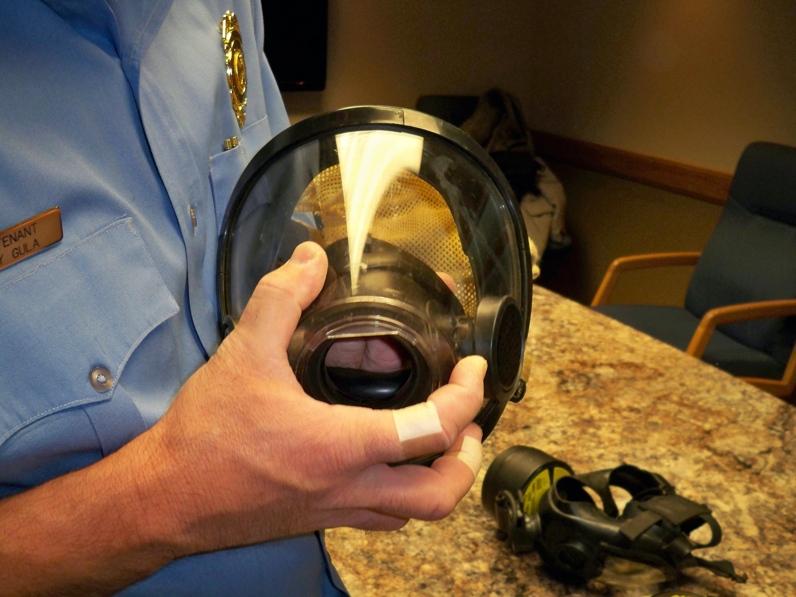 A typical firefighter SCBA mask.