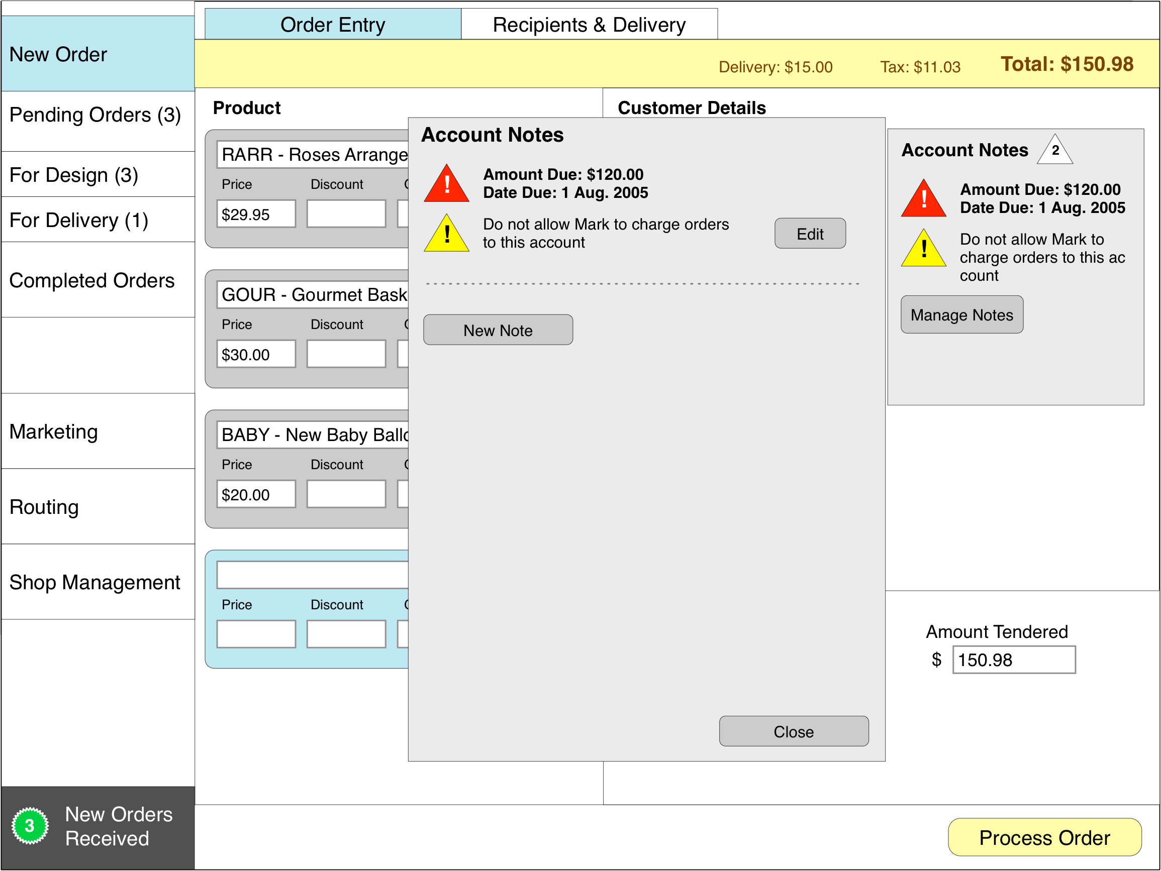 FTD Point of Sale account notes wireframe
