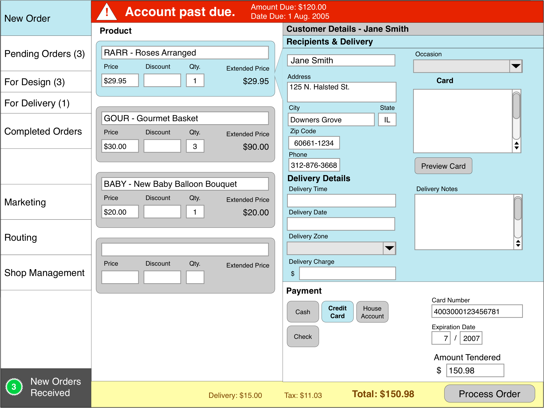 FTD Point of Sale new order wireframe