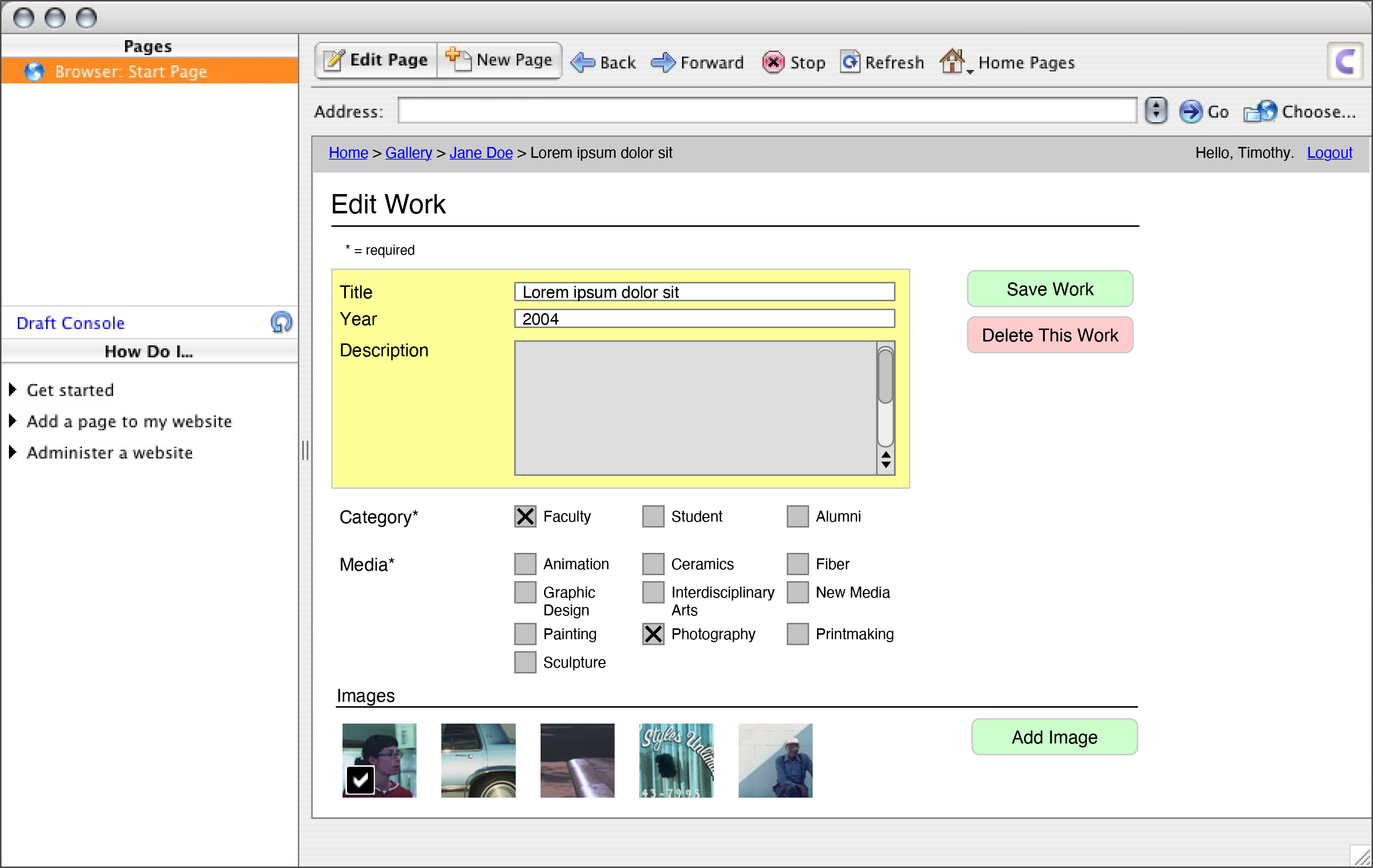 KCAI CMS wireframe