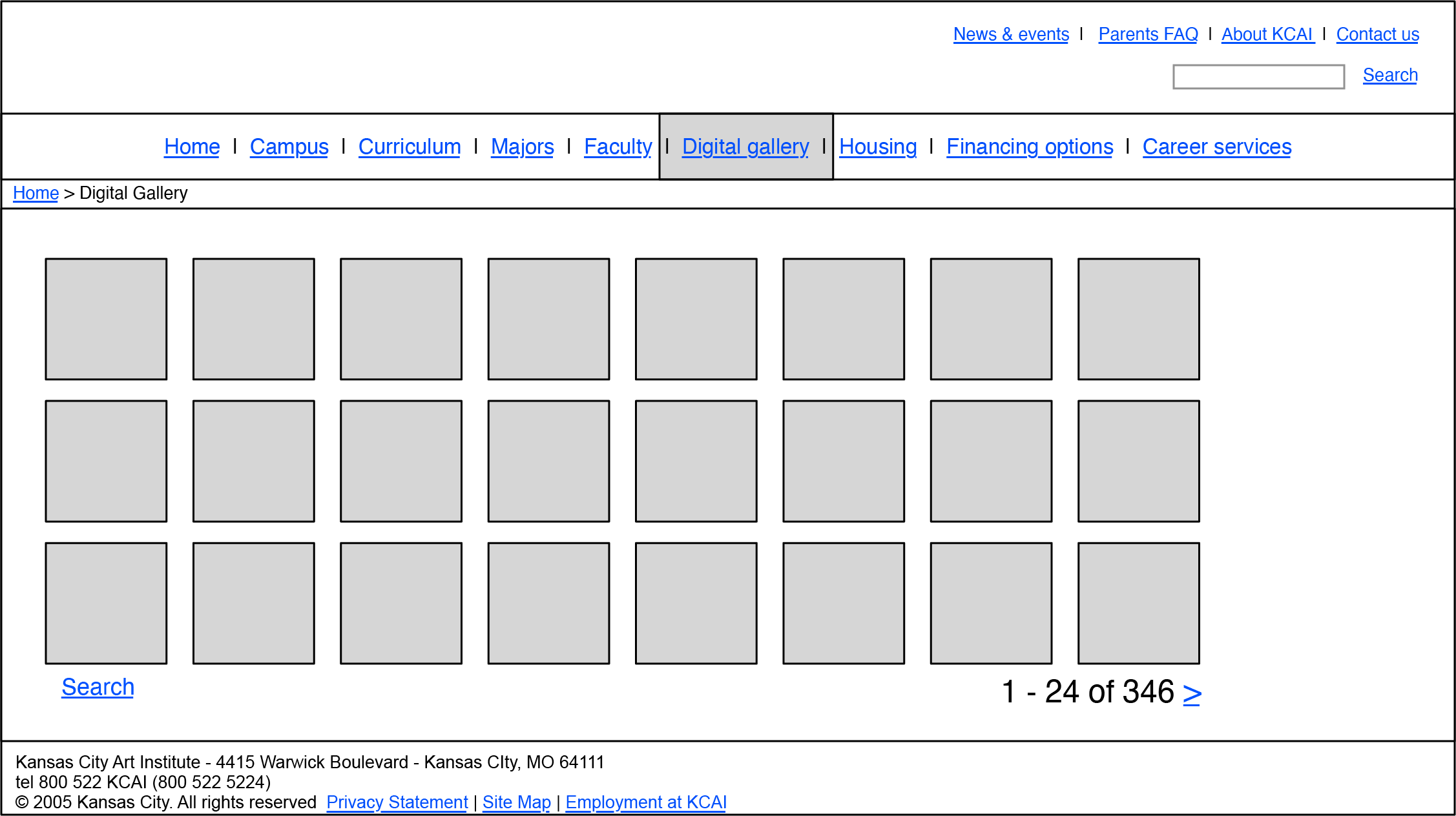 KCAI digital gallery home page wireframe