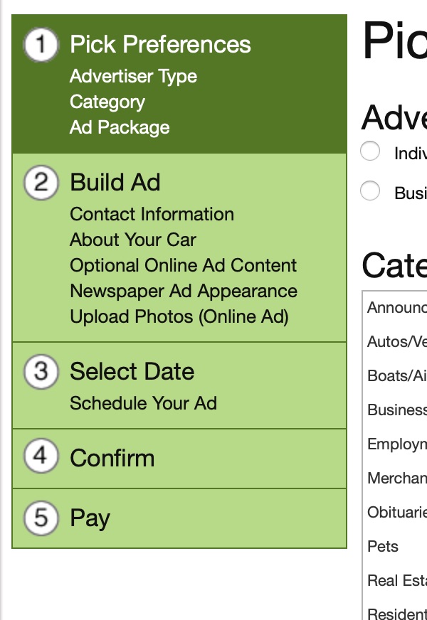 Tribune Technology Online Classified Entry prototype progress indicator screenshot showing the user on step 1 of 5.