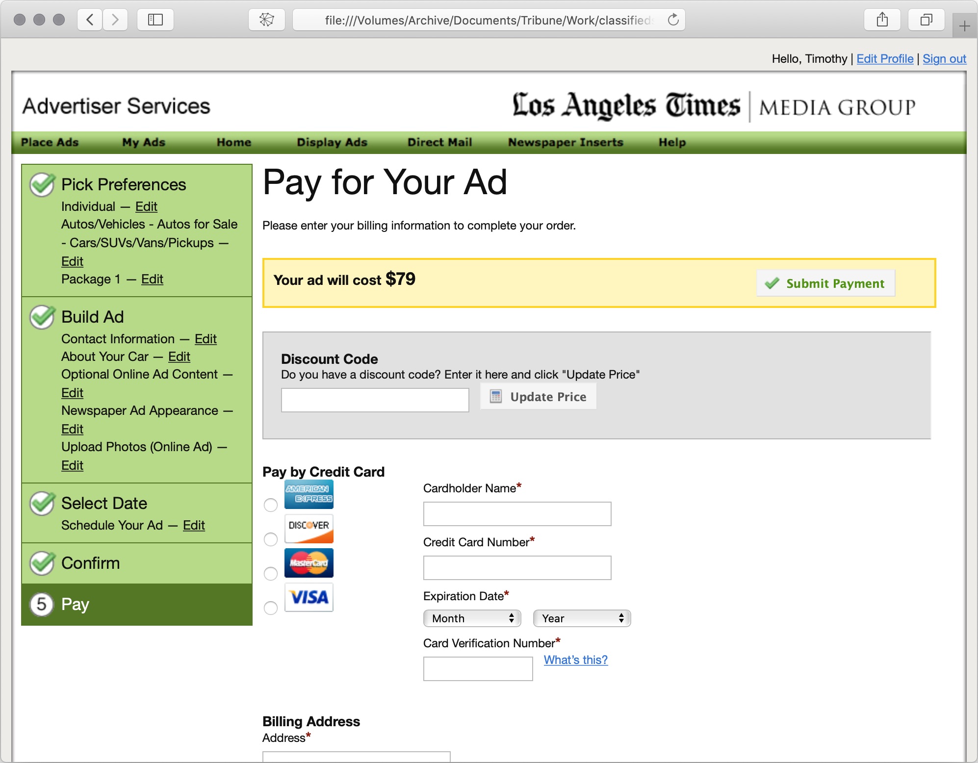 Tribune Technology Online Classified Entry prototype payment screenshot.